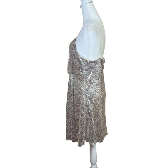 Silver Sequin Mini Cocktail Dress Faux Wrap Party Festive Slinky Sexy Y2K Sz XS - Picture 3 of 8